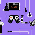 Purple background, simply drawn figures interacting with digital spaces and online educational tools