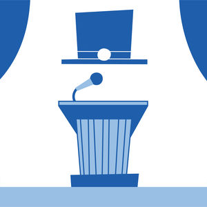 Doctoral hat floating above a speaker's podium with a microphone