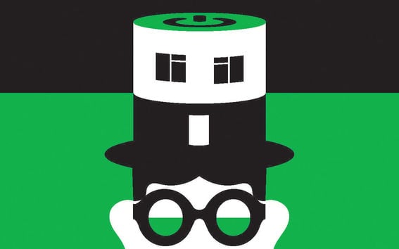 Vihreä-musta-valkoisessa piirroskuvassa on silmälasipäinen henkilöhahmo, jolla on päässään tohtorinhattu, jonka päällä on elektroniikasta tuttu virtanäppäimen symboli.