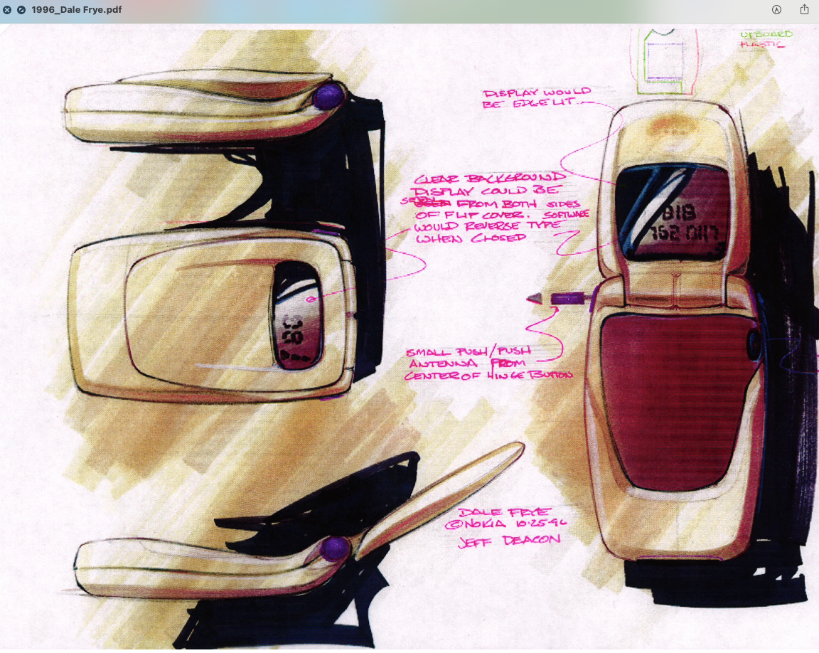 Design sketch of a flip phone showing different views and handwritten notes in pink ink.