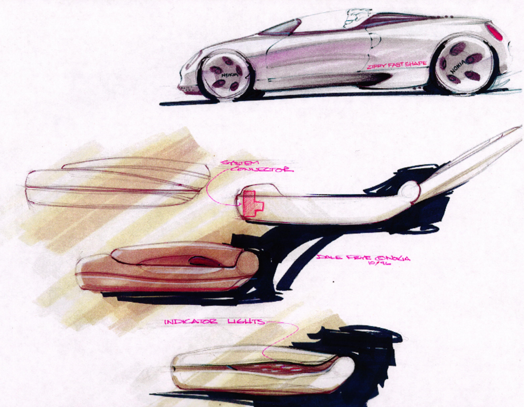 Sketches of a sleek car and mobile phone design with a focus on streamlined shape and indicator lights.