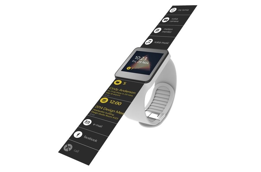 A smart watch with a black extended strap displaying various apps and notifications on the screen and strap.