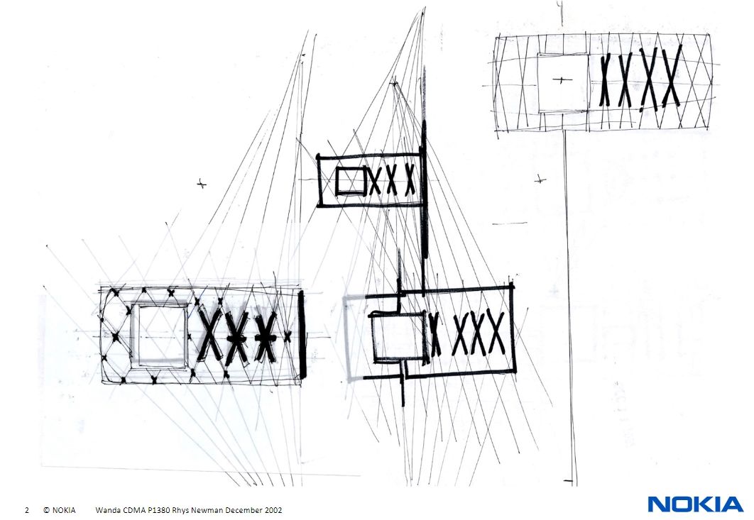 A hand-drawn Nokia design sketch showing rectangles and X-shapes with interior line structures and perspectives.