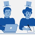 Two doctoral students, one working with a laptop and one with pen on paper, both with imaginary doctoral hats floating above their heads.