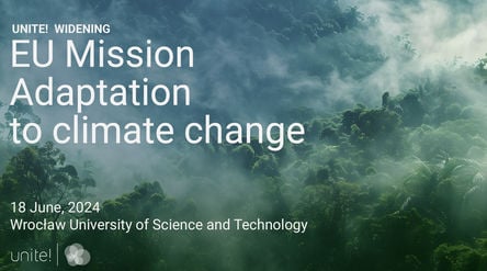 A forest in the background, text Unite! Widening EU Mission Adaptation to climate change 18 June 2024 