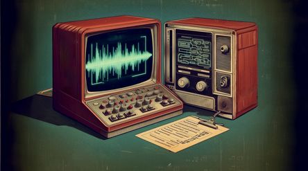 The image depicts a vintage oscilloscope displaying a green waveform next to an old signal generator, with a piece of paper cont