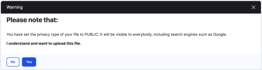 Screen capture of a warning pop-up that asks the user to confirm that the visibility of the uploaded file is public.