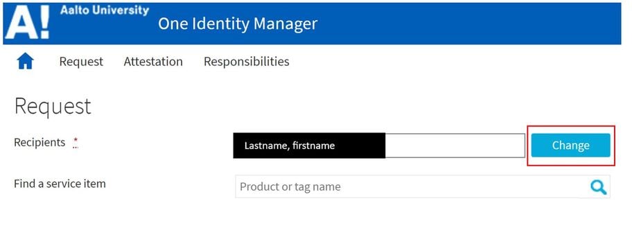 Screenshot of the 'One Identity Manager' interface with option to request change of recipients. The Change button highlighted with red on the right-hand side.