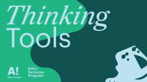 A green-blue-colored banner that has the text 'Thinking Tools' and an illustration of a person with voluminous hair peeking in from the corner.