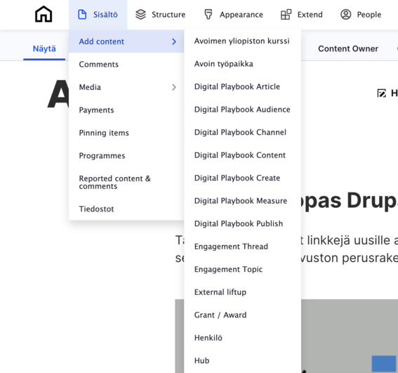 Kuvakaappaus Drupal-valikosta, jossa on avattuina kohdat "Sisältö", "Add content" ja lista eri sivutyypeistä.